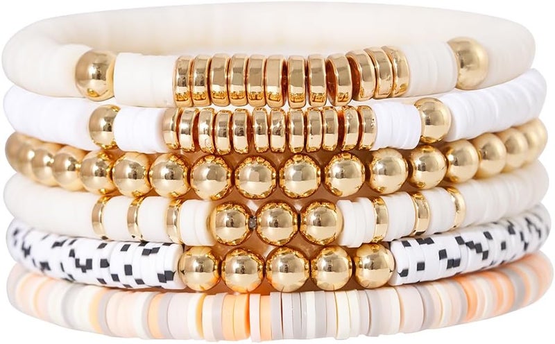 GOOJIDS Surfer Heishi Clay Bead Bracelets for Women Bohemian Stackable Gold Plated Beaded Stretch Bracelets Elastic Layering Friendship Bracelets Set Boho Jewelry - Image 1